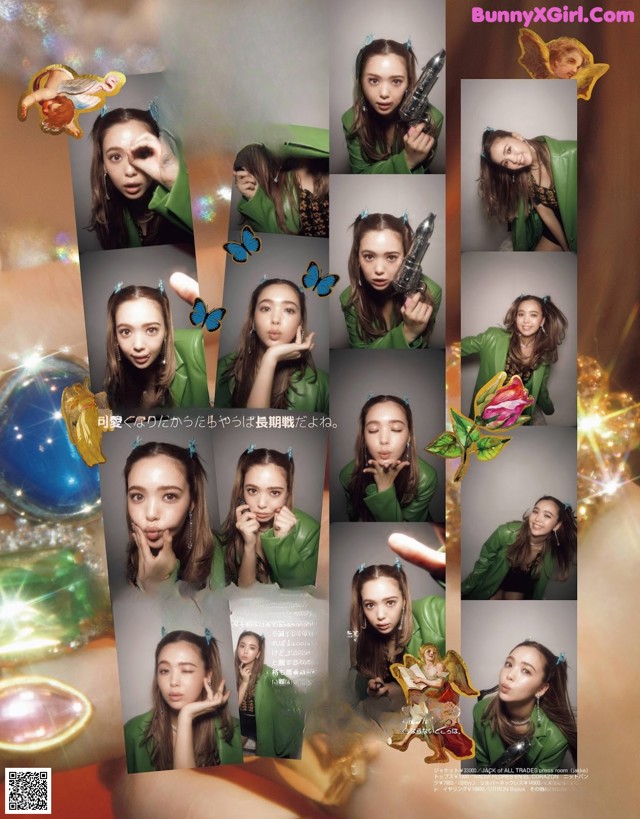 A collage of photos of a girl holding a gun.