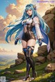 A woman with long blue hair standing on a hill.