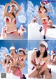 A group of women in bikinis and santa hats posing in the snow.